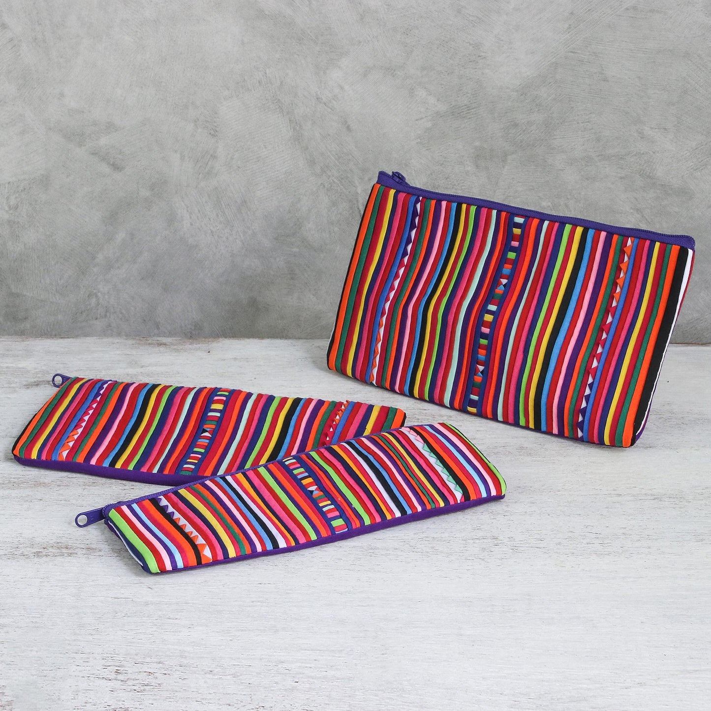 Purple Lisu Chic Purple Striped Makeup Cases from Thailand (Set of 3)