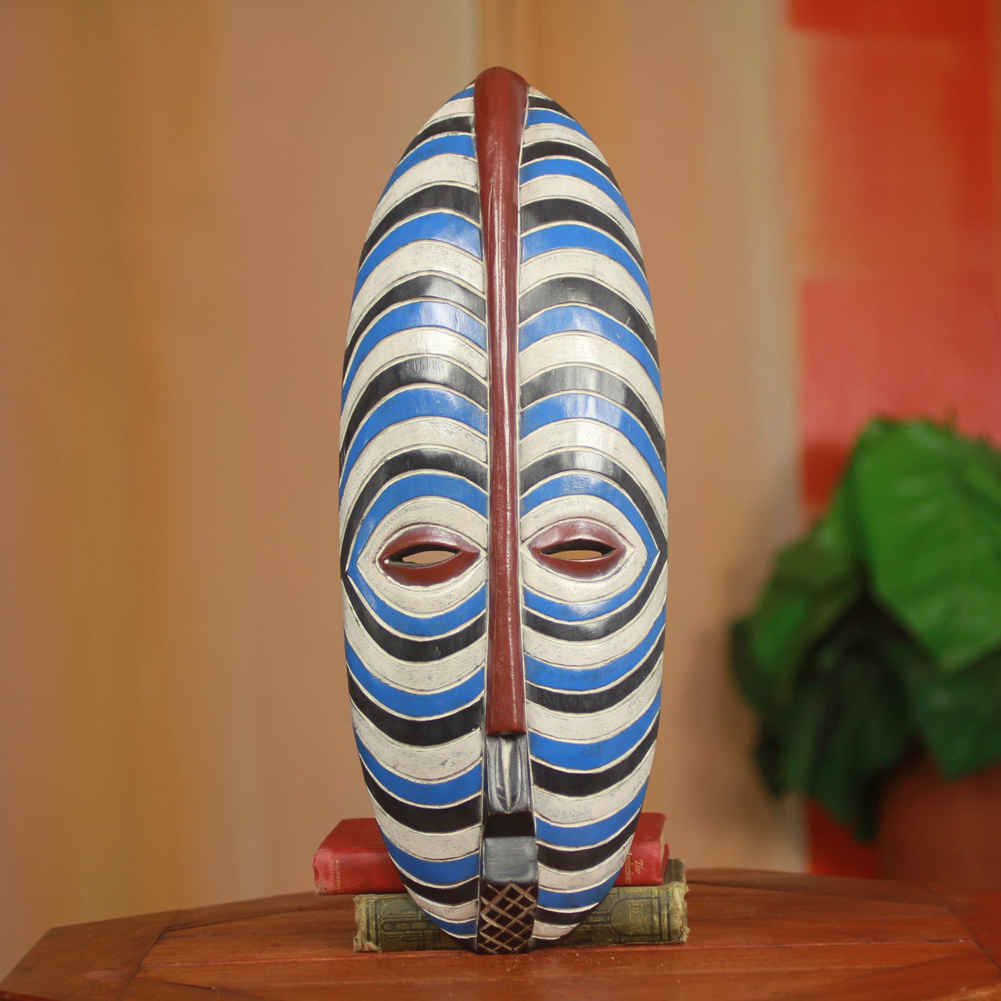 Brotherly Love Blue and White Stripes African Mask from Ghana