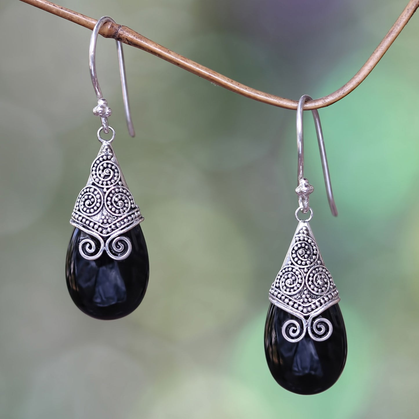 Misty Mountain Onyx and Sterling Silver Dangle Earrings from Bali