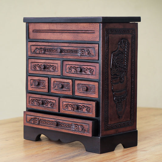 Memories Cedar and Brown Tooled Leather Jewelry Box with Drawers