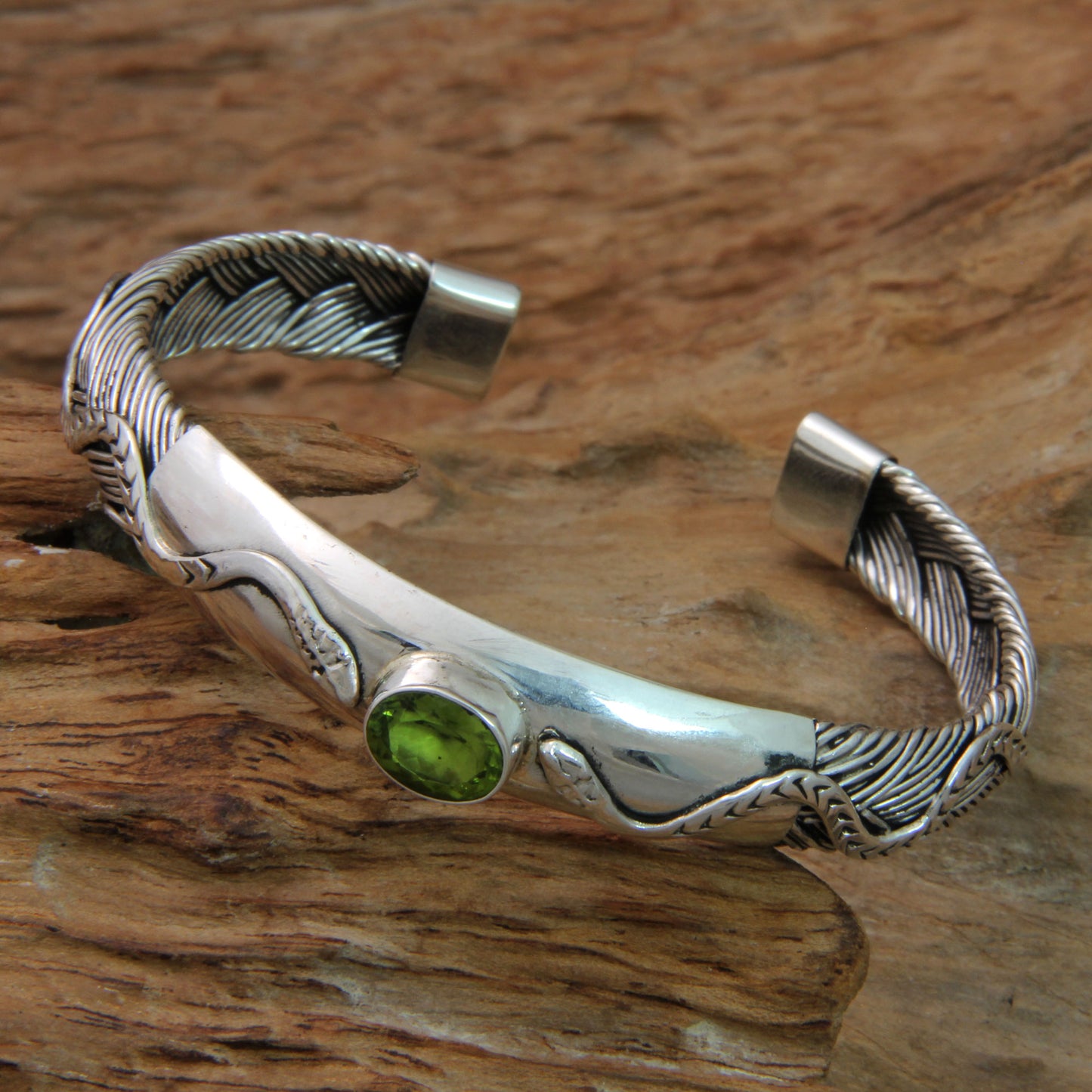 Baby Viper Snake Motif Cuff Bracelet with Peridot