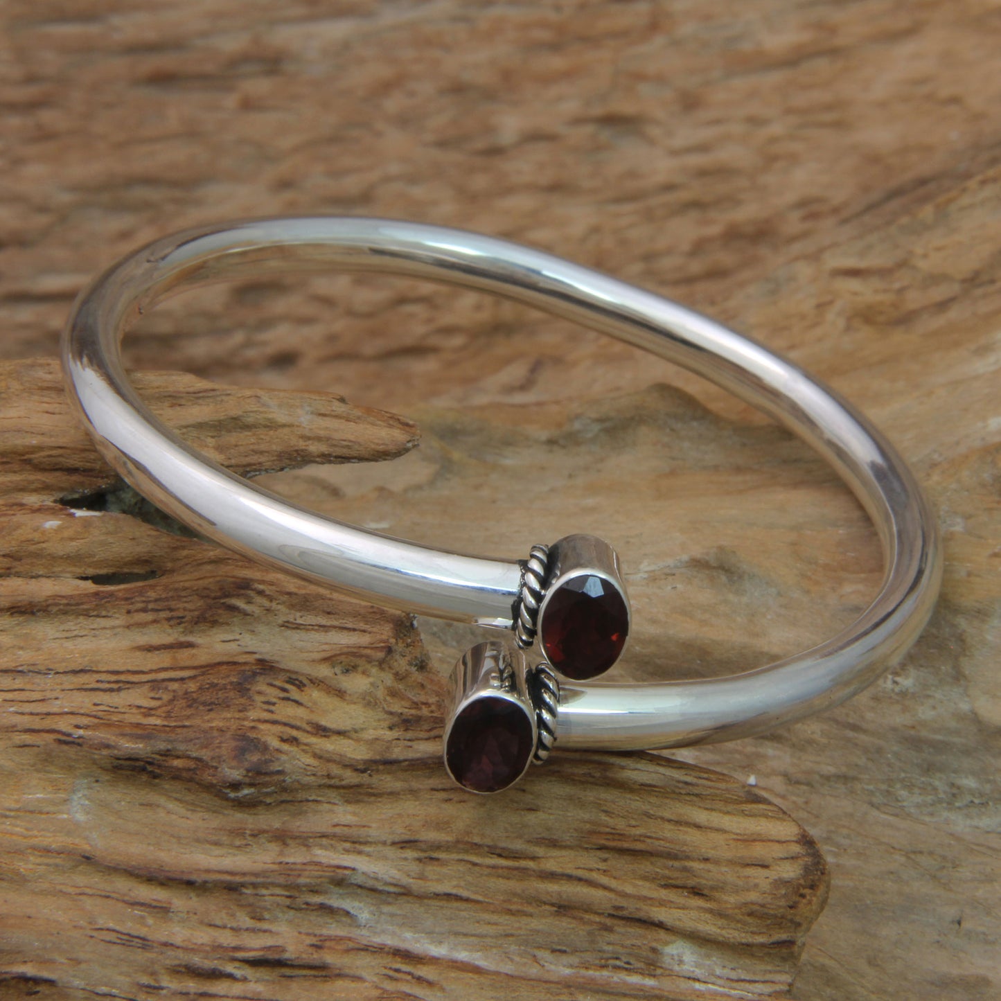 Bound To You Balinese Garnet and Sterling Silver Bangle Bracelet