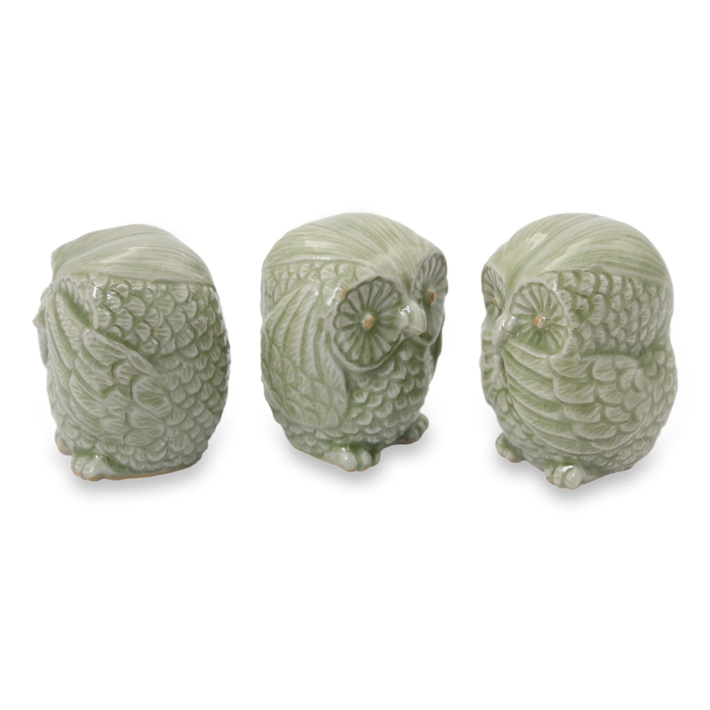 Green Owl Trio Fair Trade Green Celadon Ceramic Owl Statuettes (set of 3)