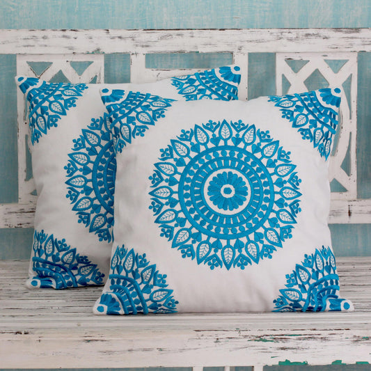 Cool Turquoise Mandalas Embroidered Blue on White Cushion Covers from India (Pair)