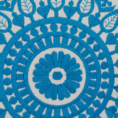 Cool Turquoise Mandalas Embroidered Blue on White Cushion Covers from India (Pair)