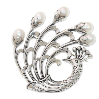 Pearl & Sterling Silver Peacock Brooch