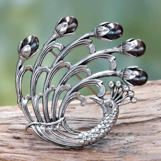 Magnificent Peacock Black Pearl & Sterling Silver Brooch