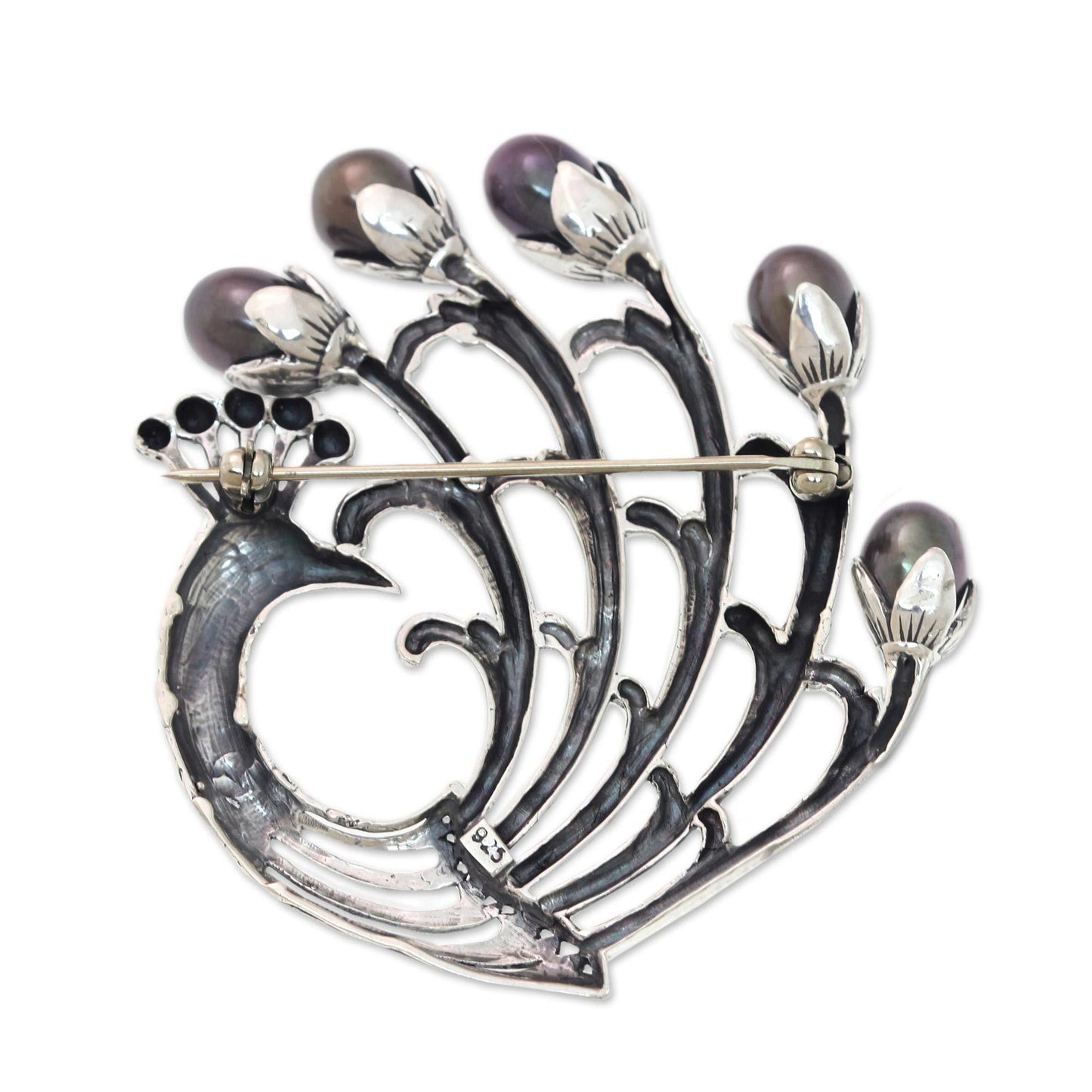 Magnificent Peacock Black Pearl & Sterling Silver Brooch