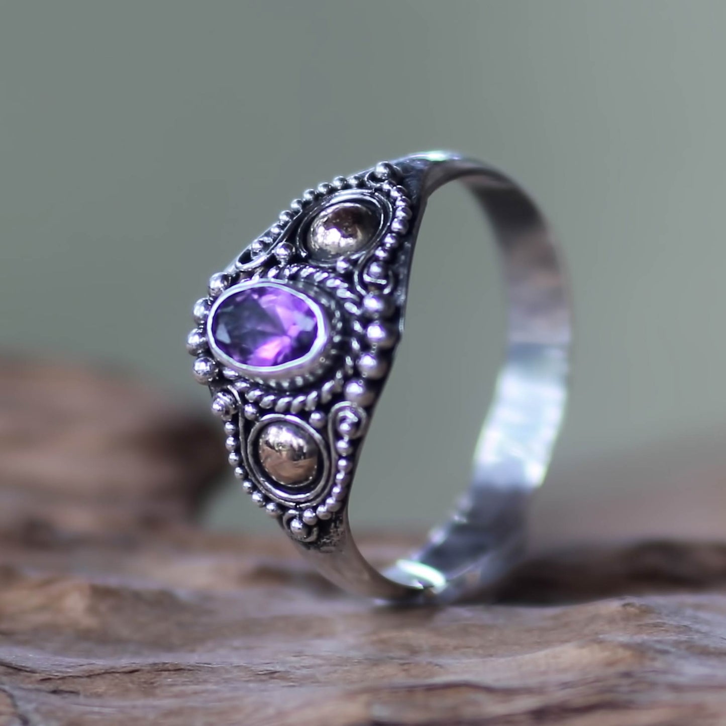 Mystic Trio Sterling Silver and Gold Cocktail Ring with Amethyst