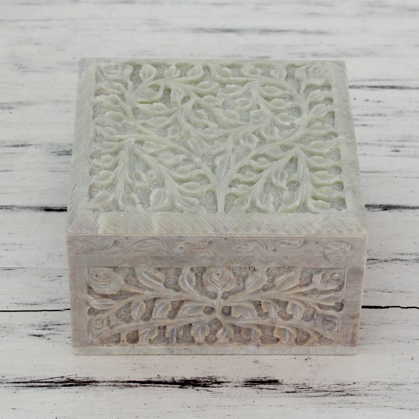 Leafy Bower Hand Carved Natural Soapstone Jewelry Box from India