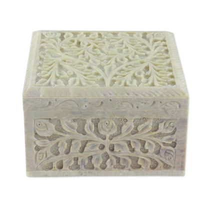 Leafy Bower Hand Carved Natural Soapstone Jewelry Box from India