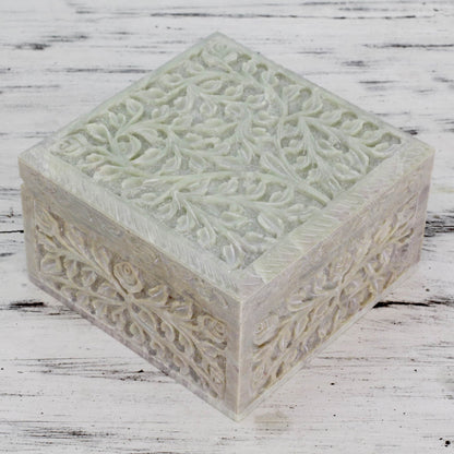 Leafy Bower Hand Carved Natural Soapstone Jewelry Box from India