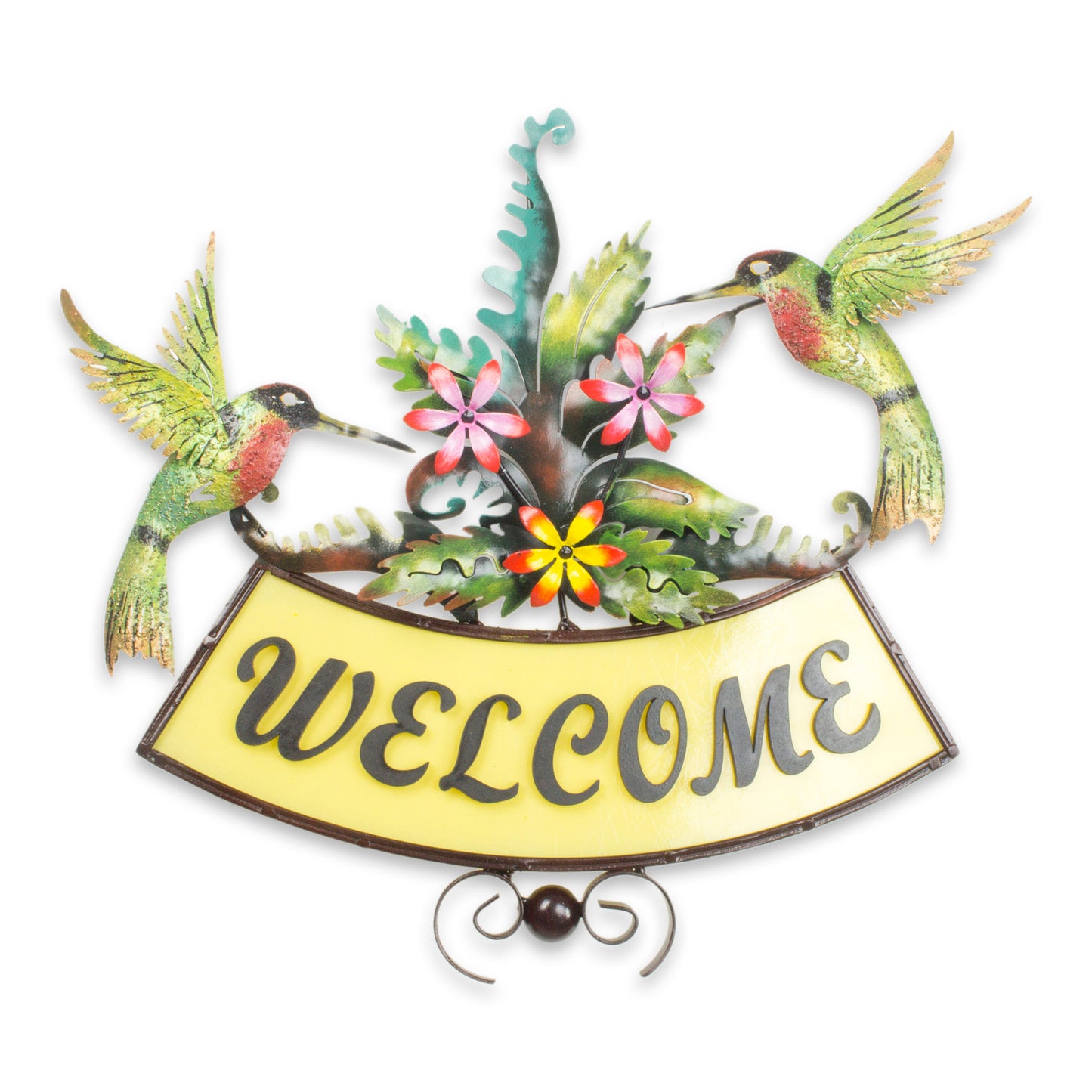 Happy Hummingbirds Iron Birds and Flowers on Hand Crafted Welcome Sign