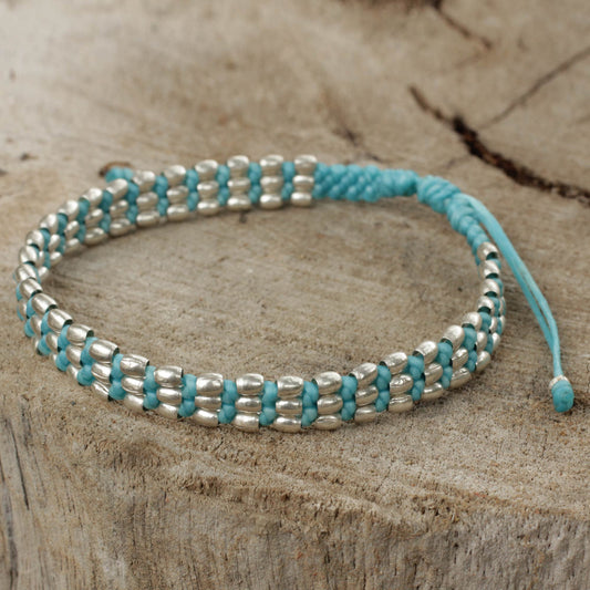 Friendly Blue Light Blue Macrame Adjustable Bracelet with 950 Silver Beads