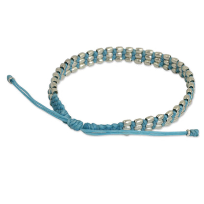 Friendly Blue Light Blue Macrame Adjustable Bracelet with 950 Silver Beads