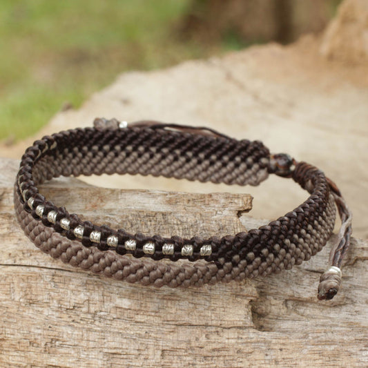 Amity in Brown and Taupe Hand-Knotted Cord Bracelet with 950 Silver Accents