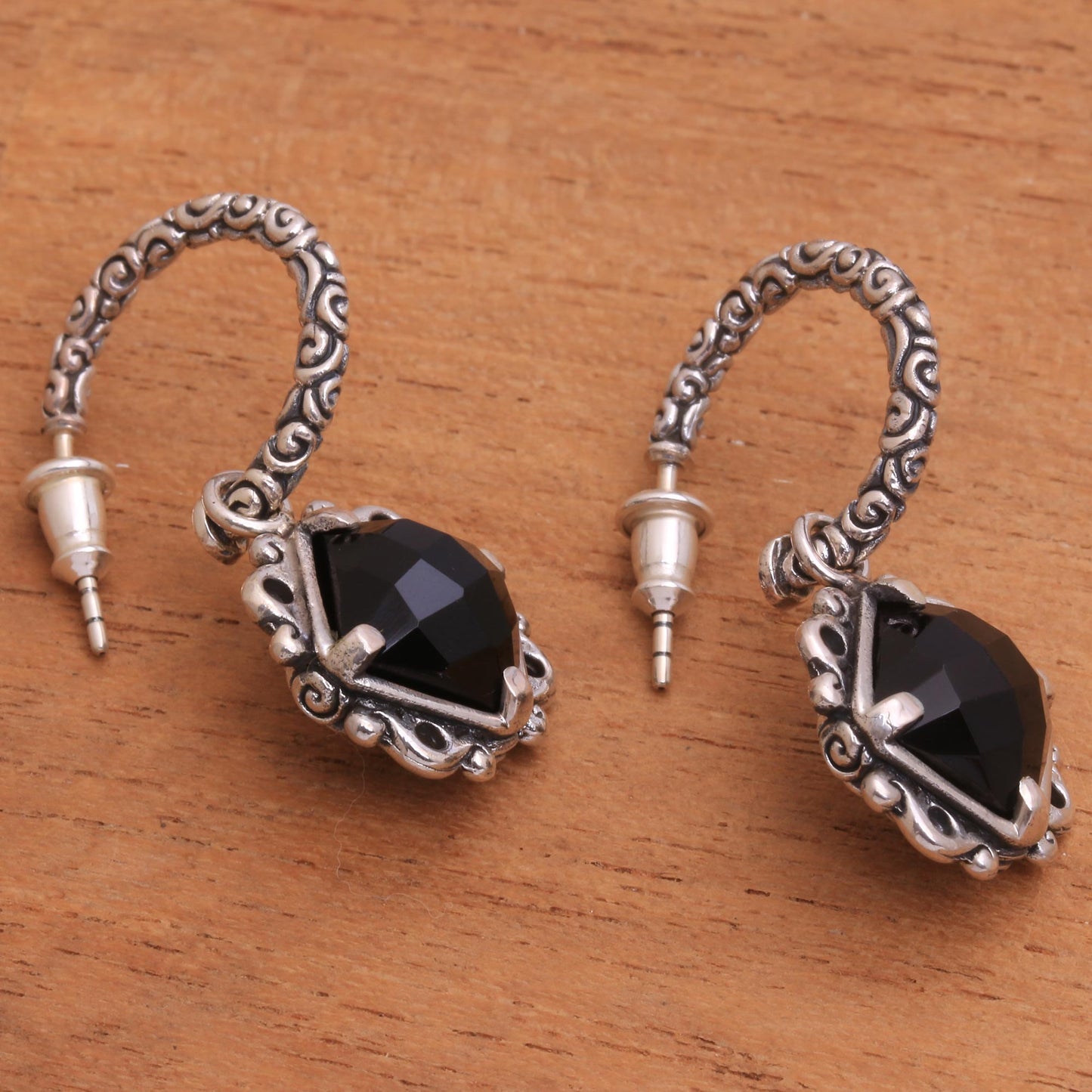 Sweet Enchantment Elegant Black Onyx and Silver Dangle Earrings from Bali