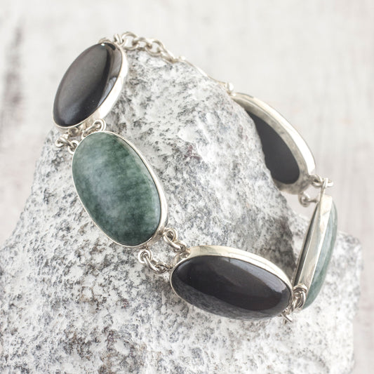 Black and Green Tonalities Black and Forest Green Jade and Silver Bracelet