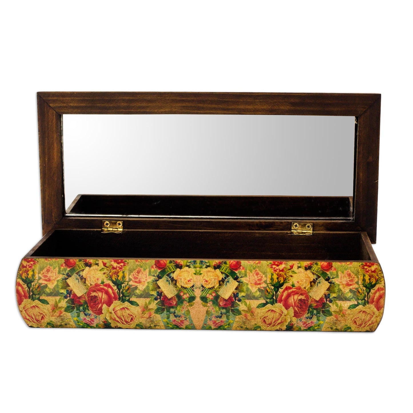 Roses Mexico Handcrafted Floral Decoupage Jewelry Box with Mirror