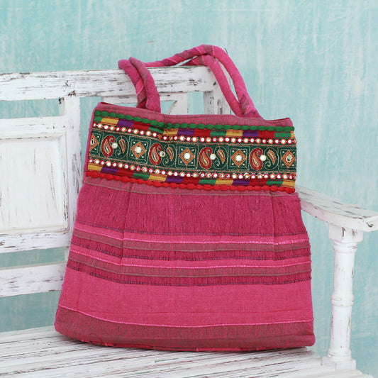 Majestic Pink Pink Cotton Shoulder Bag with Multicolor Embroidery