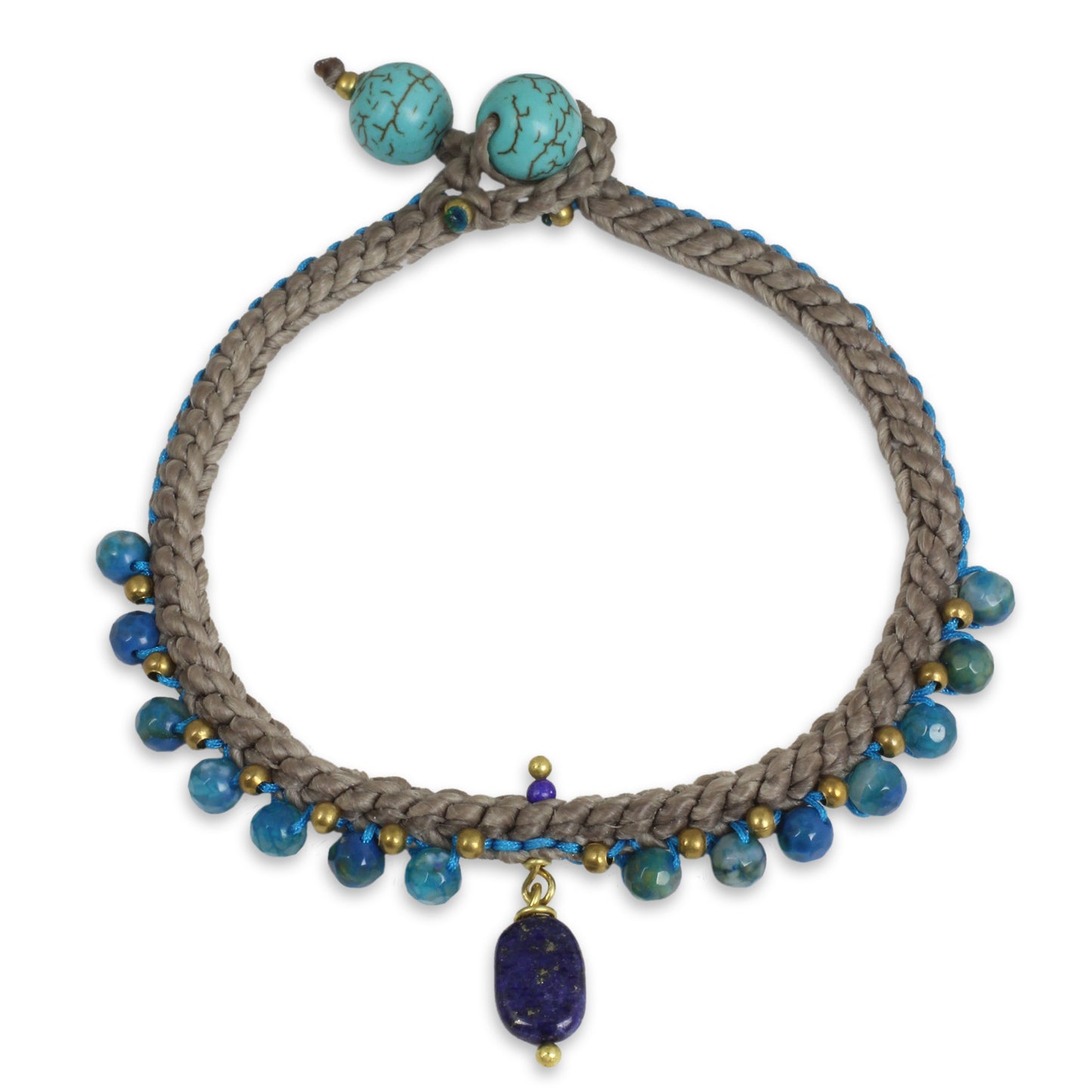 Mae Sa Cascade Lapis Lazuli and Agate Braided Bracelet with Brass Beads