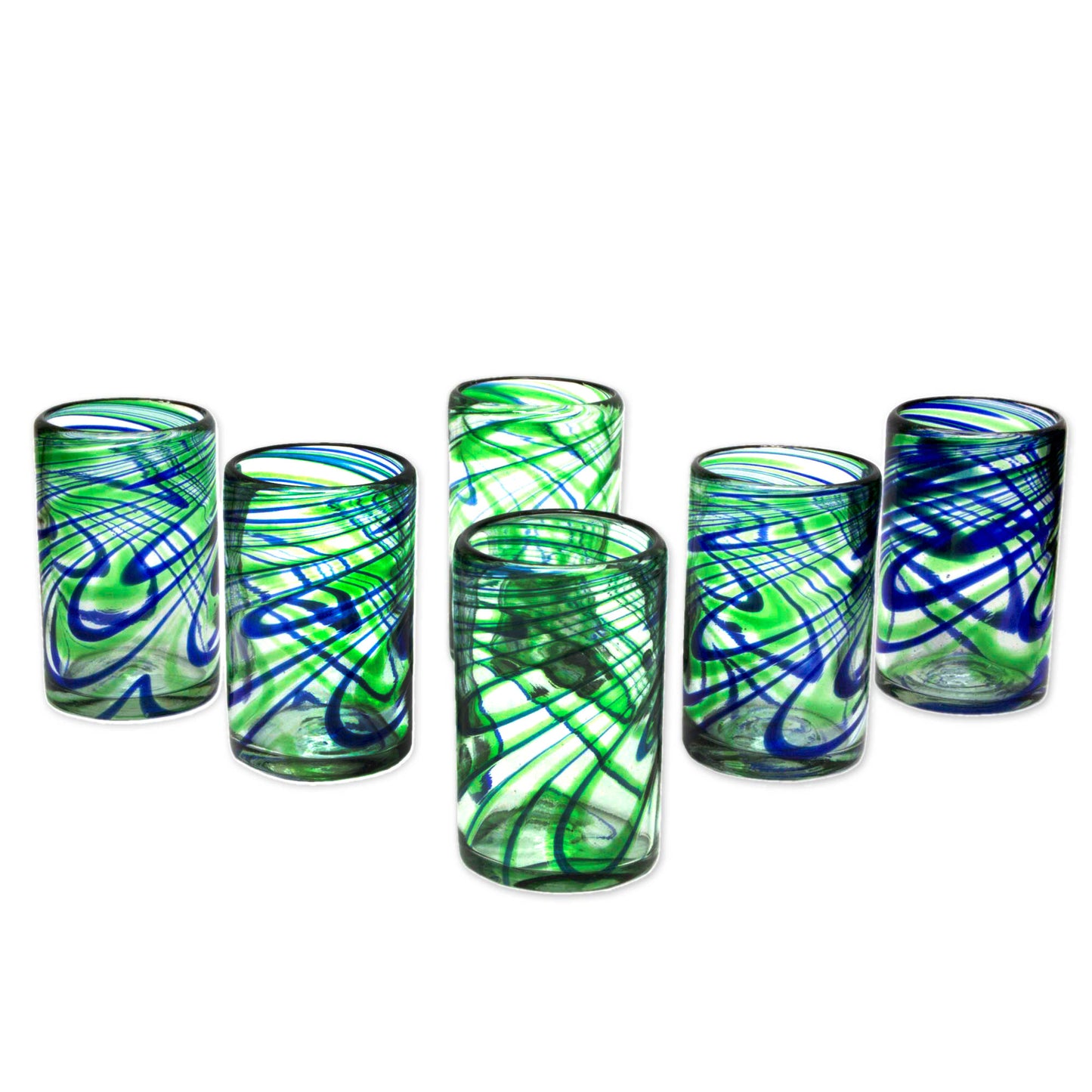 Elegant Energy Set of 6 Hand Made Blown Glass Tumblers in Blue and Green