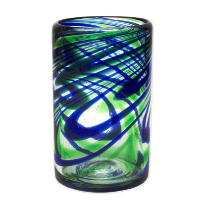 Elegant Energy Set of 6 Hand Made Blown Glass Tumblers in Blue and Green