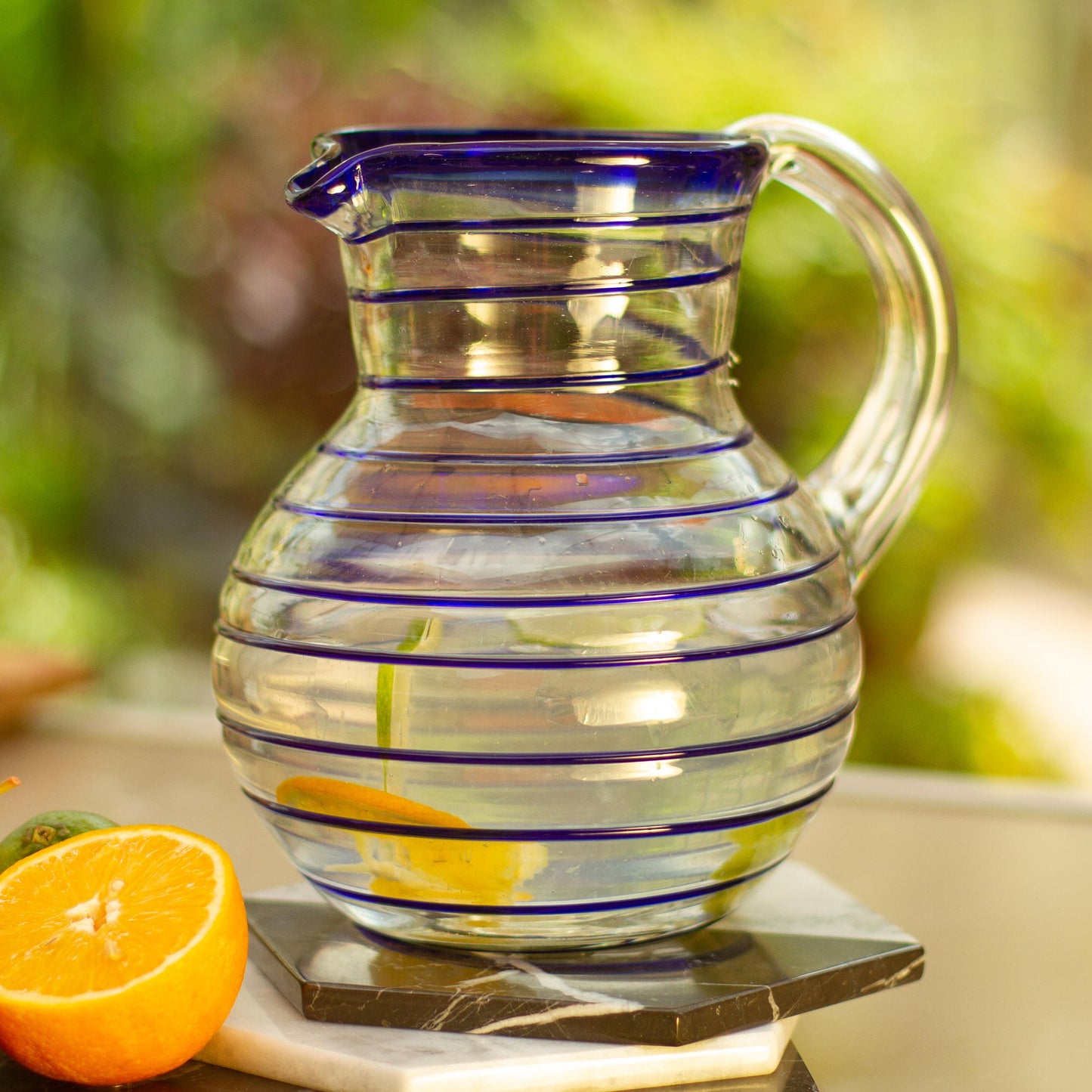 Blue Spiral Mexican Handblown Recycled Glass Blue Stripe Pitcher