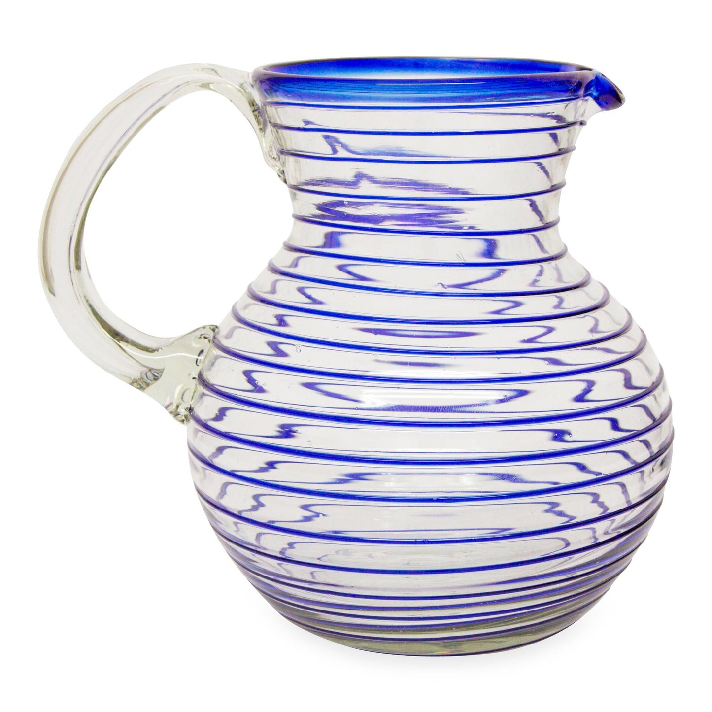 Blue Spiral Mexican Handblown Recycled Glass Blue Stripe Pitcher