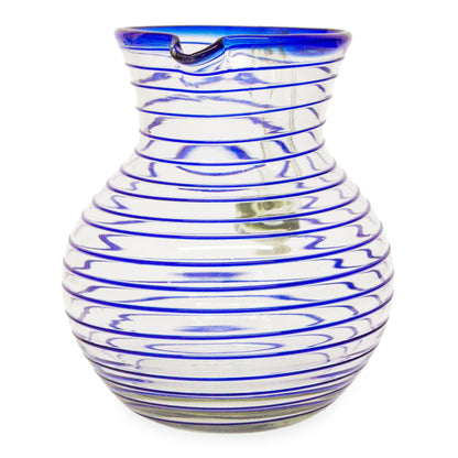 Blue Spiral Mexican Handblown Recycled Glass Blue Stripe Pitcher