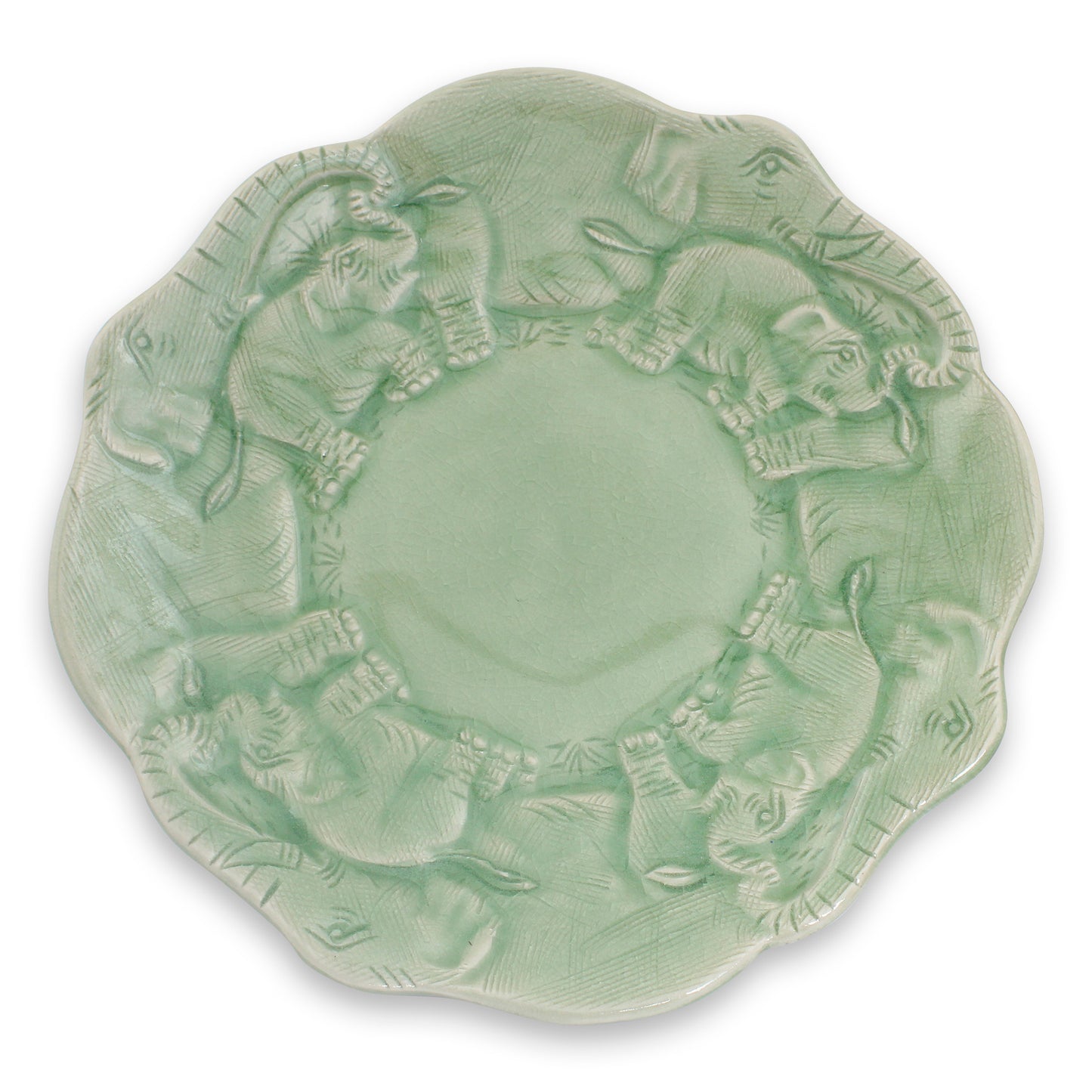 Elephant Family Artisan Crafted Elephant Theme Thai Celadon Ceramic Plate