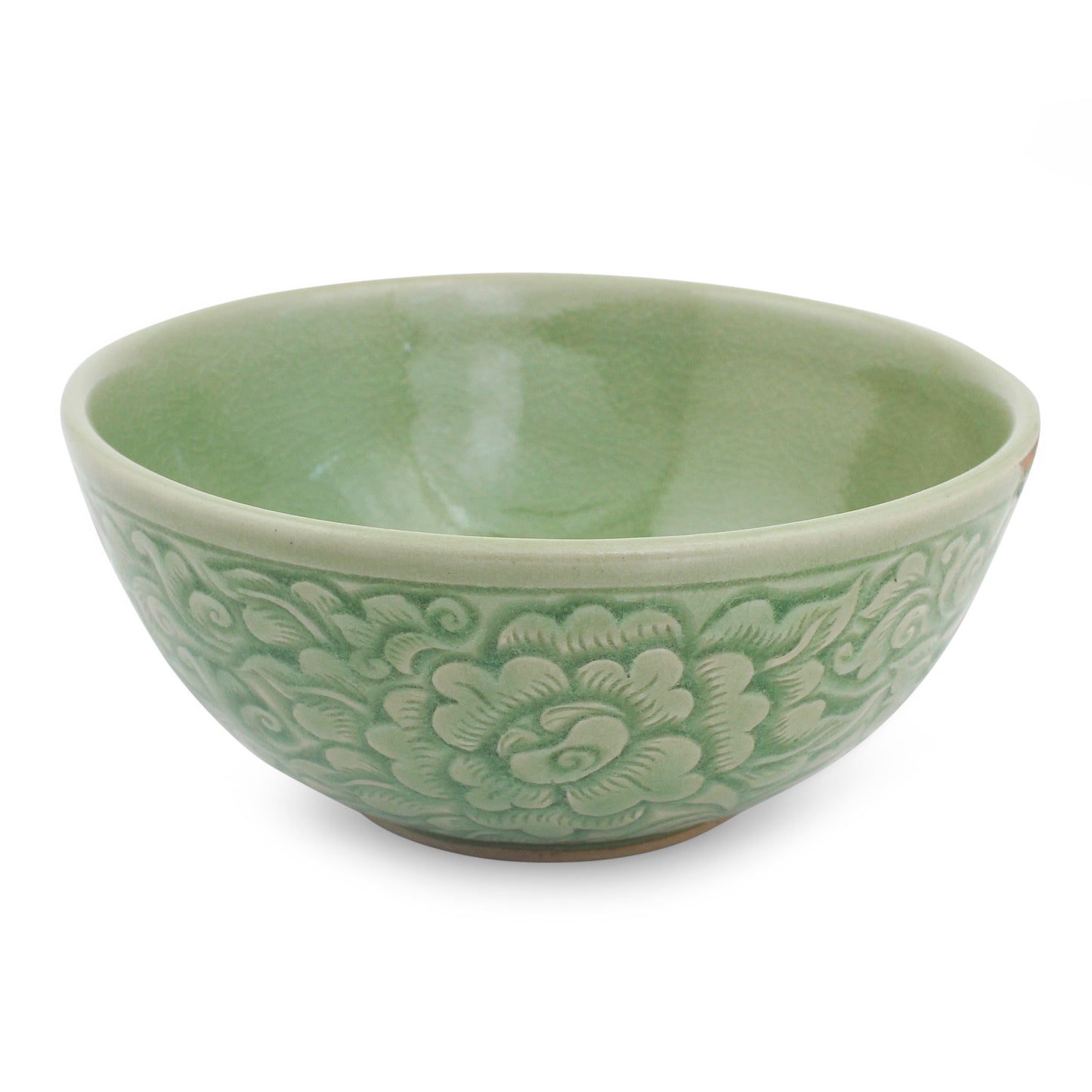 Green Peony Artisan Crafted Floral Theme Thai Celadon Ceramic Bowl