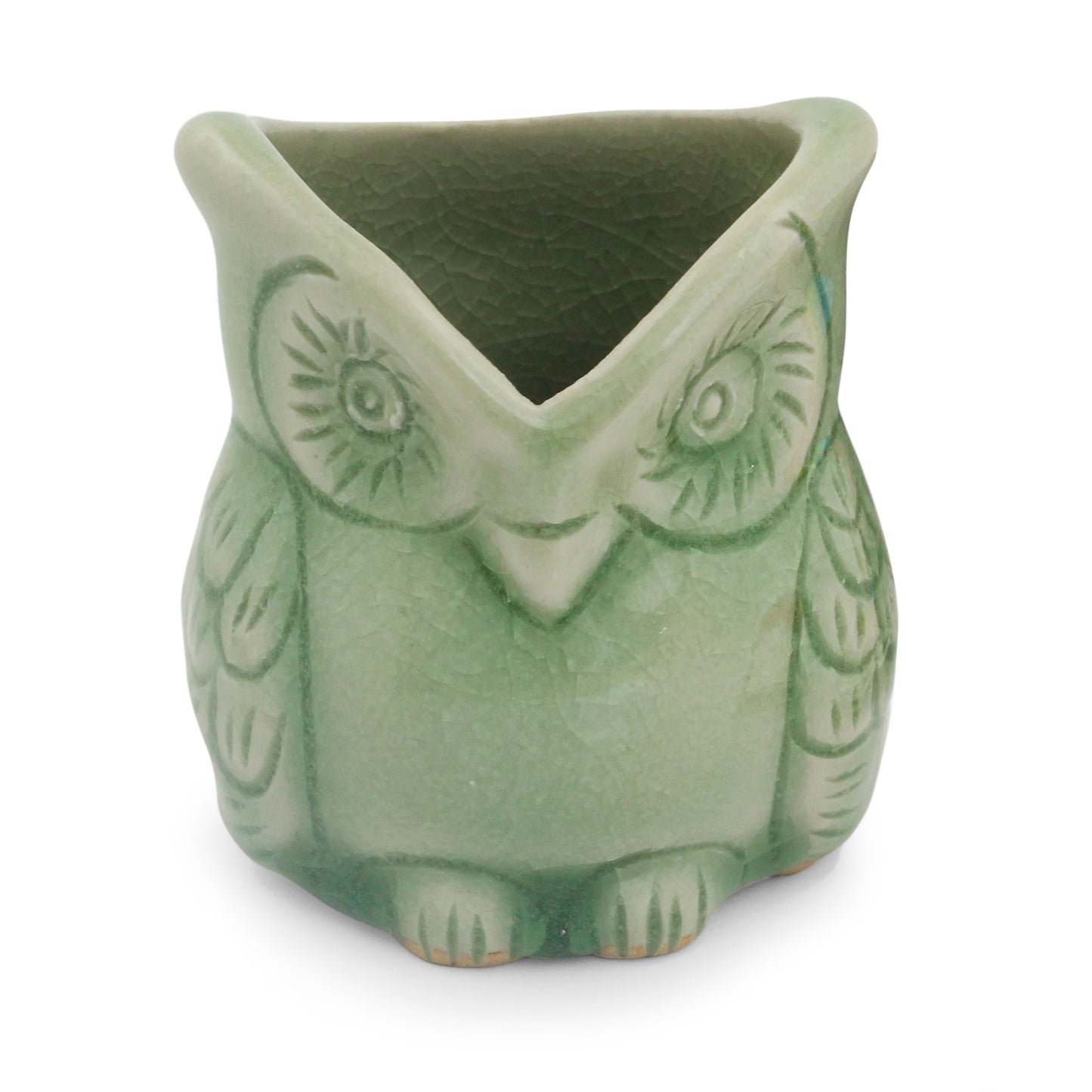 Happy Green Owl Handcrafted Green Thai Celadon Bird Theme Pot