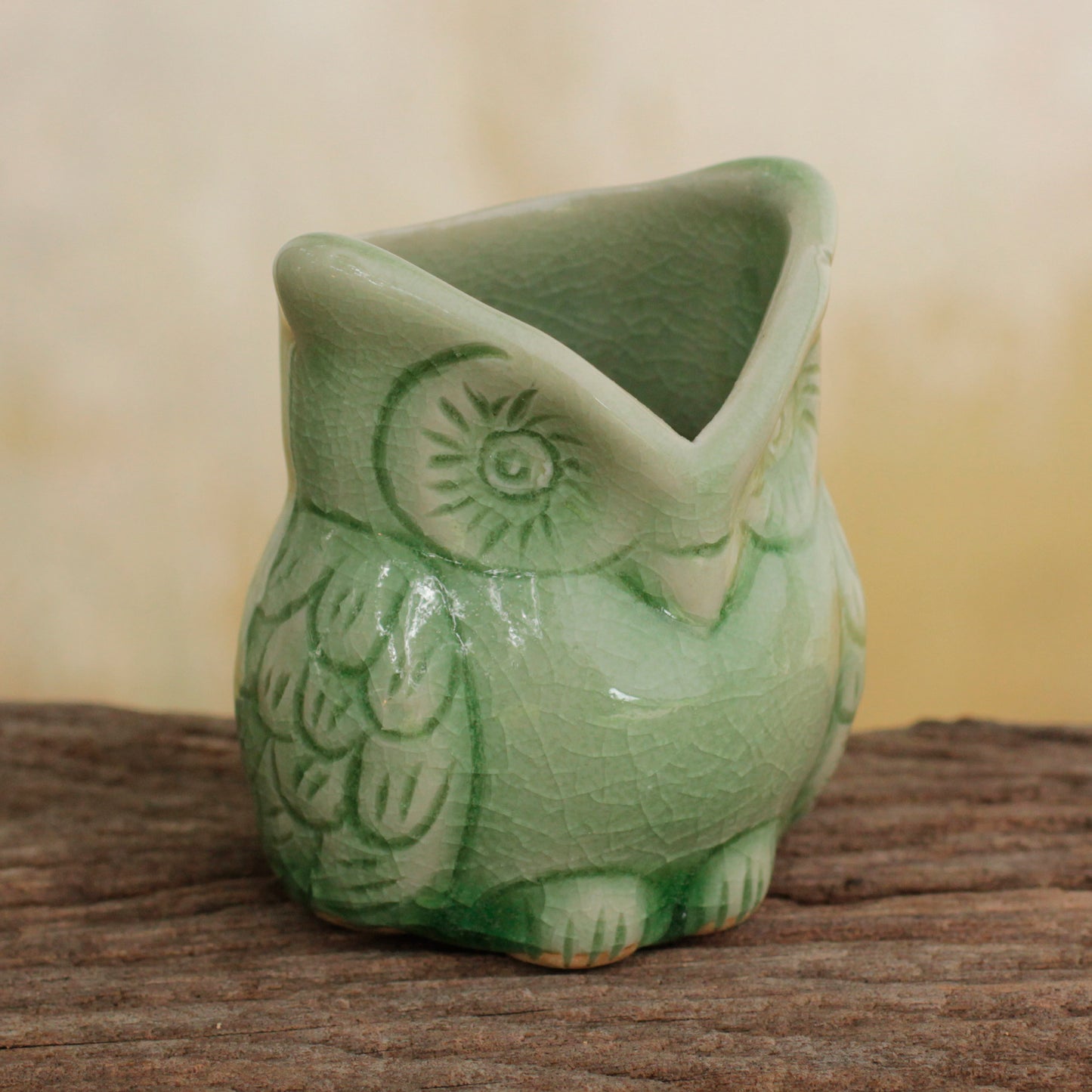 Happy Green Owl Handcrafted Green Thai Celadon Bird Theme Pot