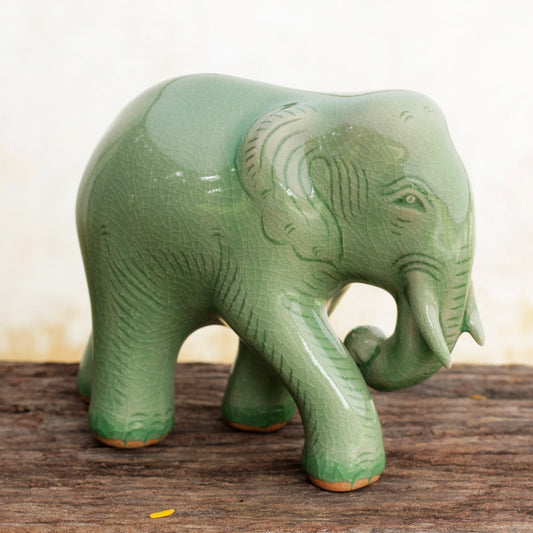 Purposeful Elephant Celadon Ceramic Elephant Figurine by Thai Artisans