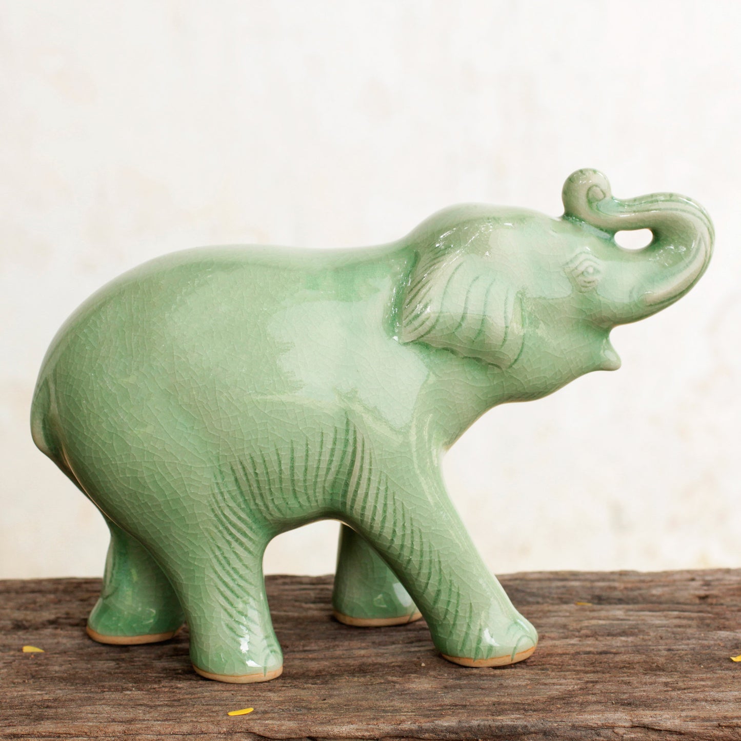 Laughing Elephant Thai Artisan Crafted Celadon Ceramic Elephant Figurine