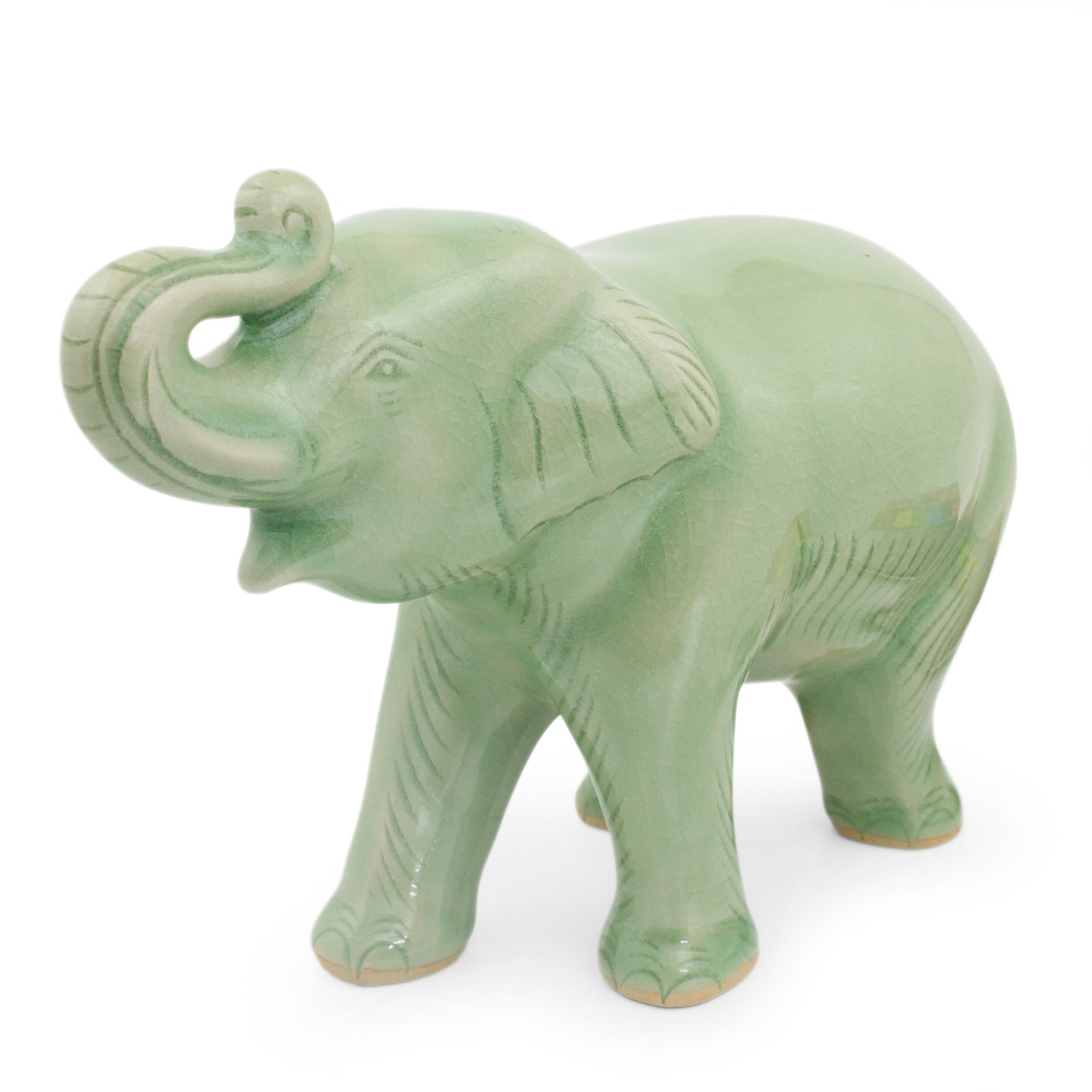 Laughing Elephant Thai Artisan Crafted Celadon Ceramic Elephant Figurine