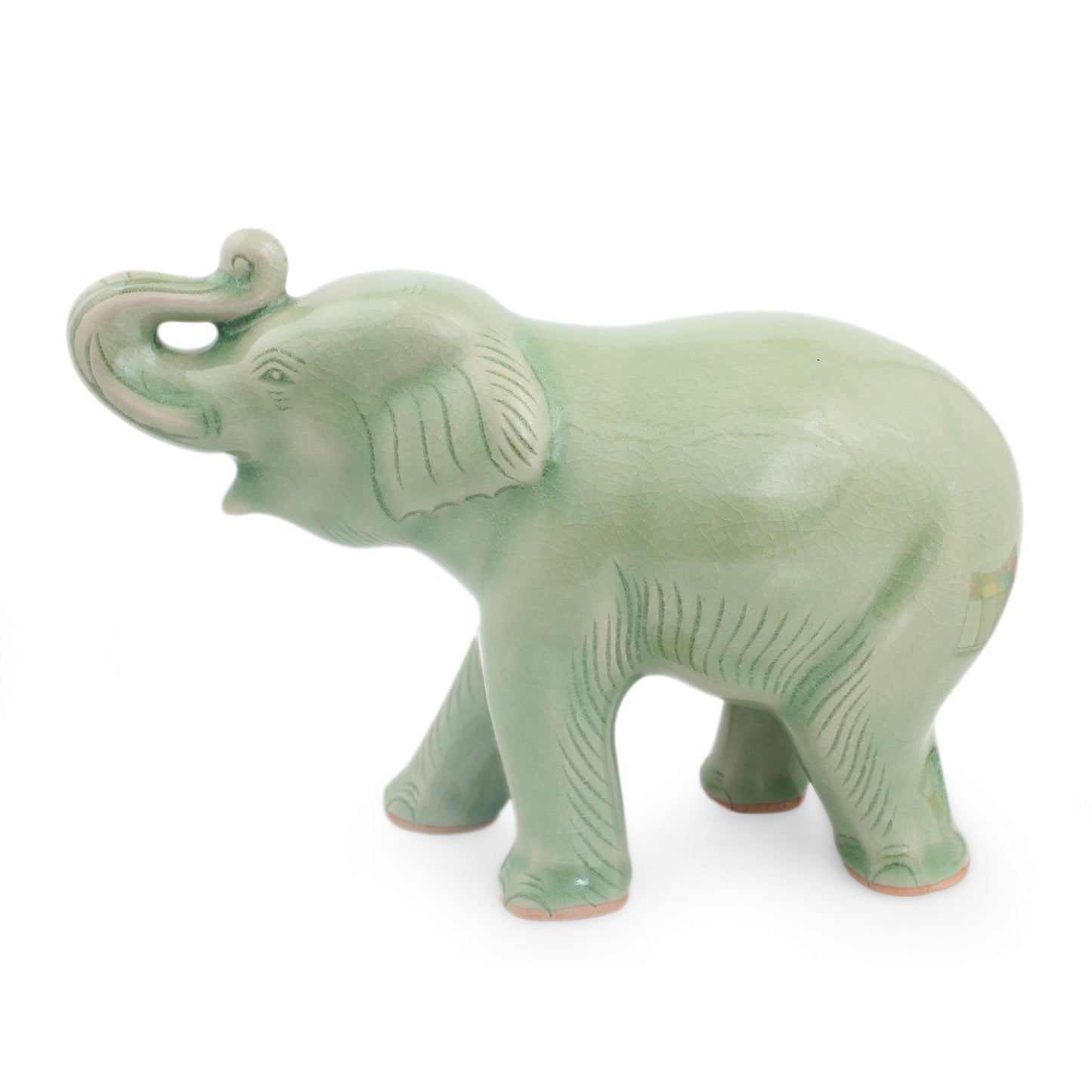 Laughing Elephant Thai Artisan Crafted Celadon Ceramic Elephant Figurine