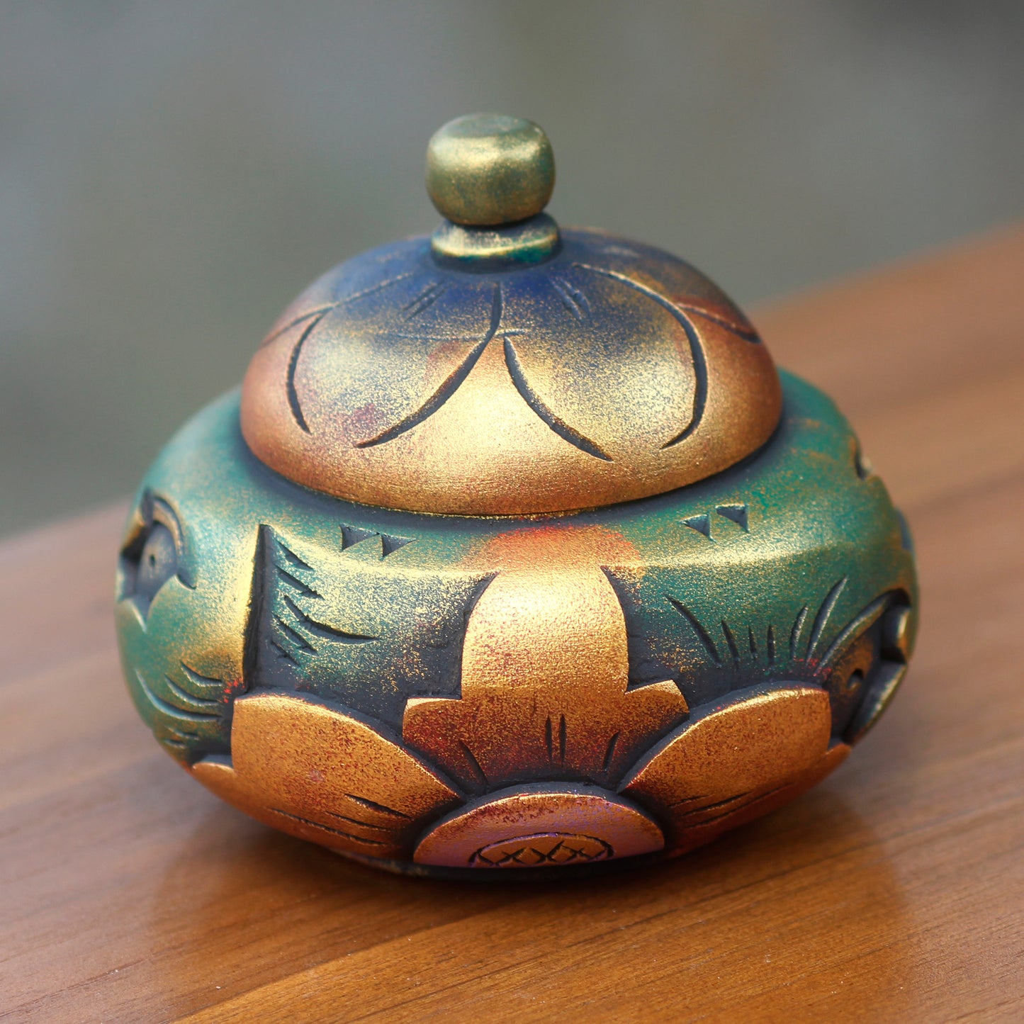 Denpasar Treasure Decorative Round Carved Wood Trinket Box from Bali