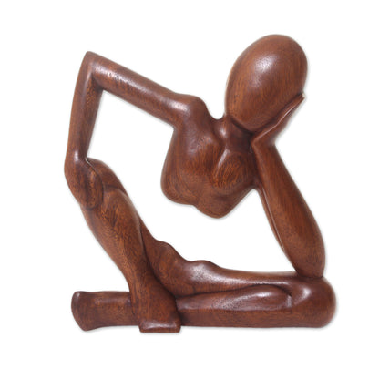 Relaxing Artisan Handmade Brown Wood Wall Sculpture of Relaxed Figure