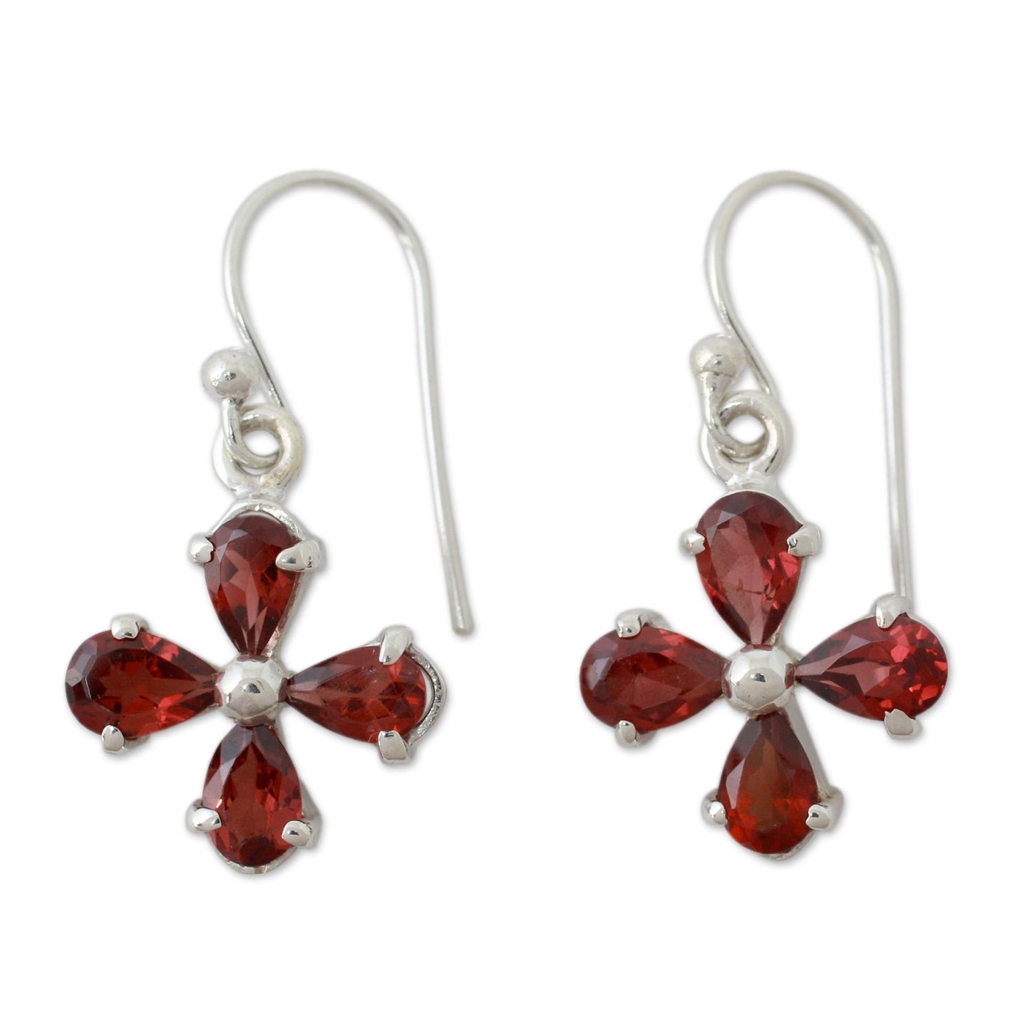 Scarlet Blossom Genuine Garnet Flower Earrings in 925 Sterling Silver