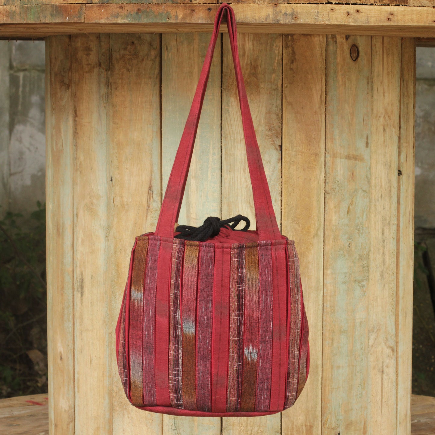 Orient Red Hand Woven Red Ikat Style Cotton Shoulder Bag with Pockets