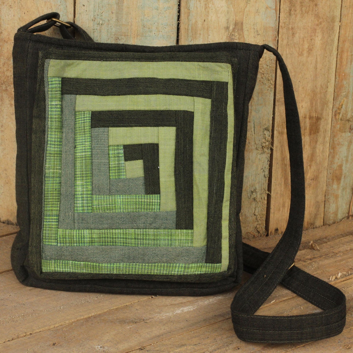 Dark Green Siam Cotton Thai Applique Shoulder Bag in Green with 3 Pockets