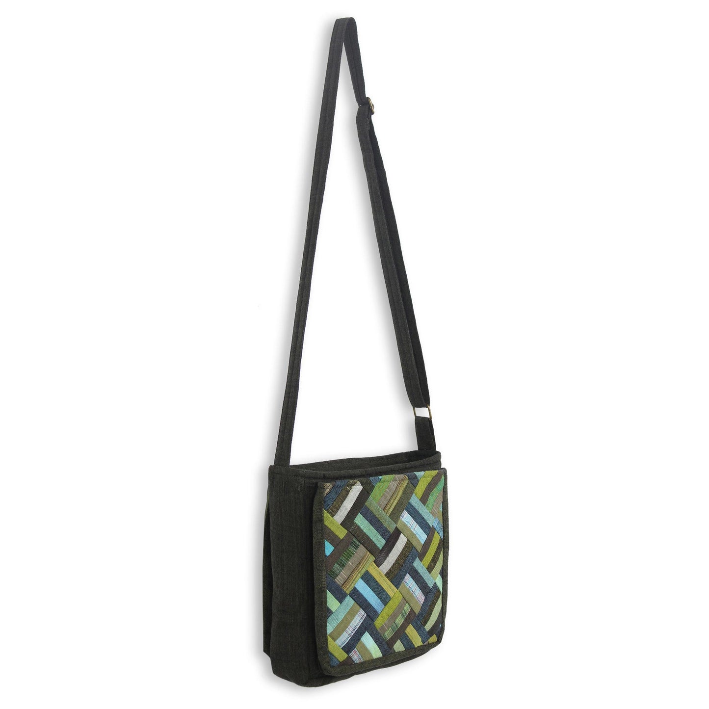 Dark Green Siam Cotton Thai Applique Shoulder Bag in Green with 3 Pockets