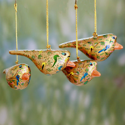 Peace and Joy Handcrafted Golden Papier Mache Bird Ornaments (set of 4)