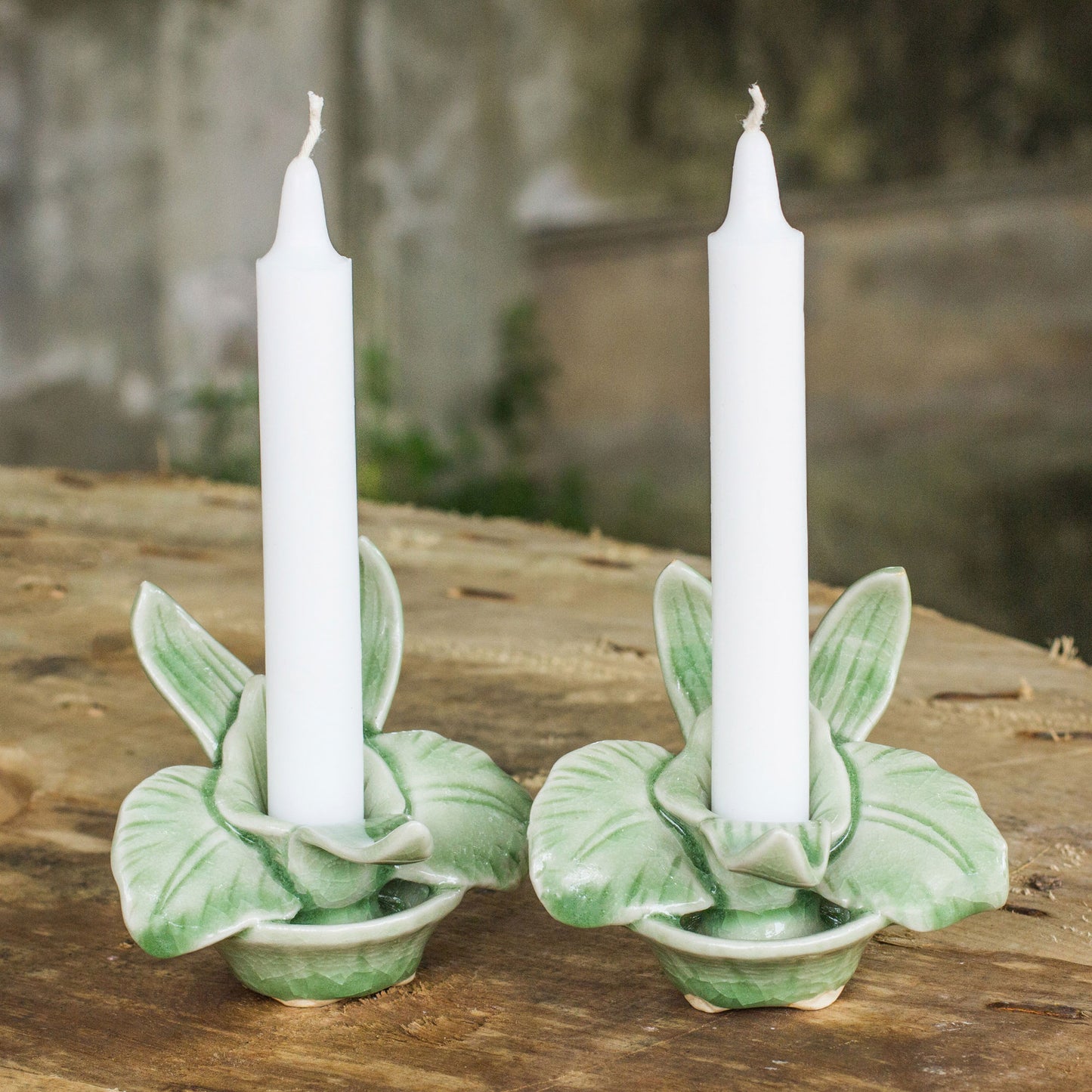 Thai Jade Orchids Green Celadon Ceramic Orchid Shaped Candle Holders (Pair)