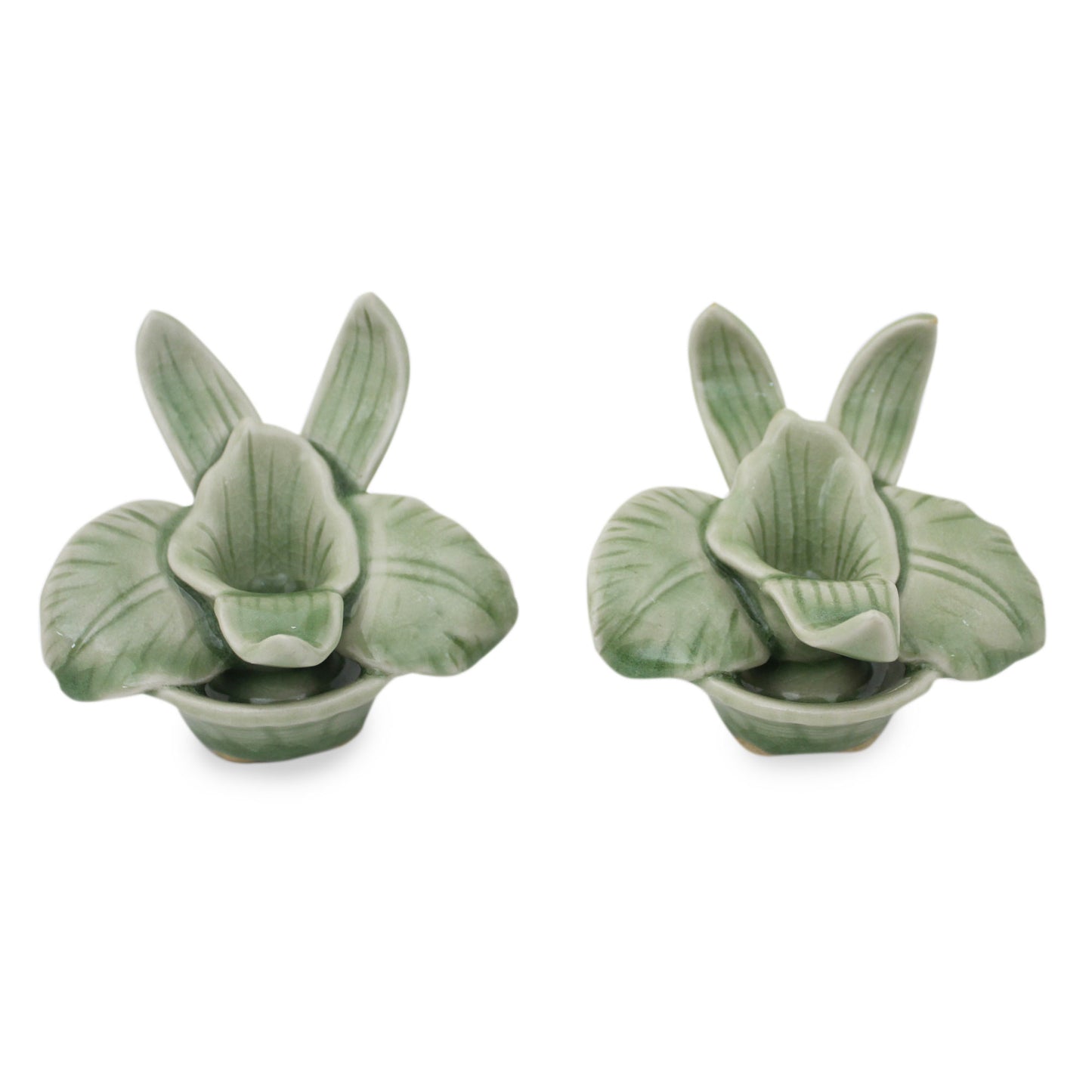 Thai Jade Orchids Green Celadon Ceramic Orchid Shaped Candle Holders (Pair)