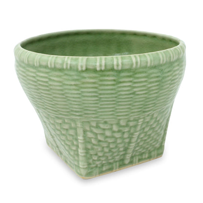 Basket Woven Look Ceramic Vase in Green Celadon Glaze (Large)