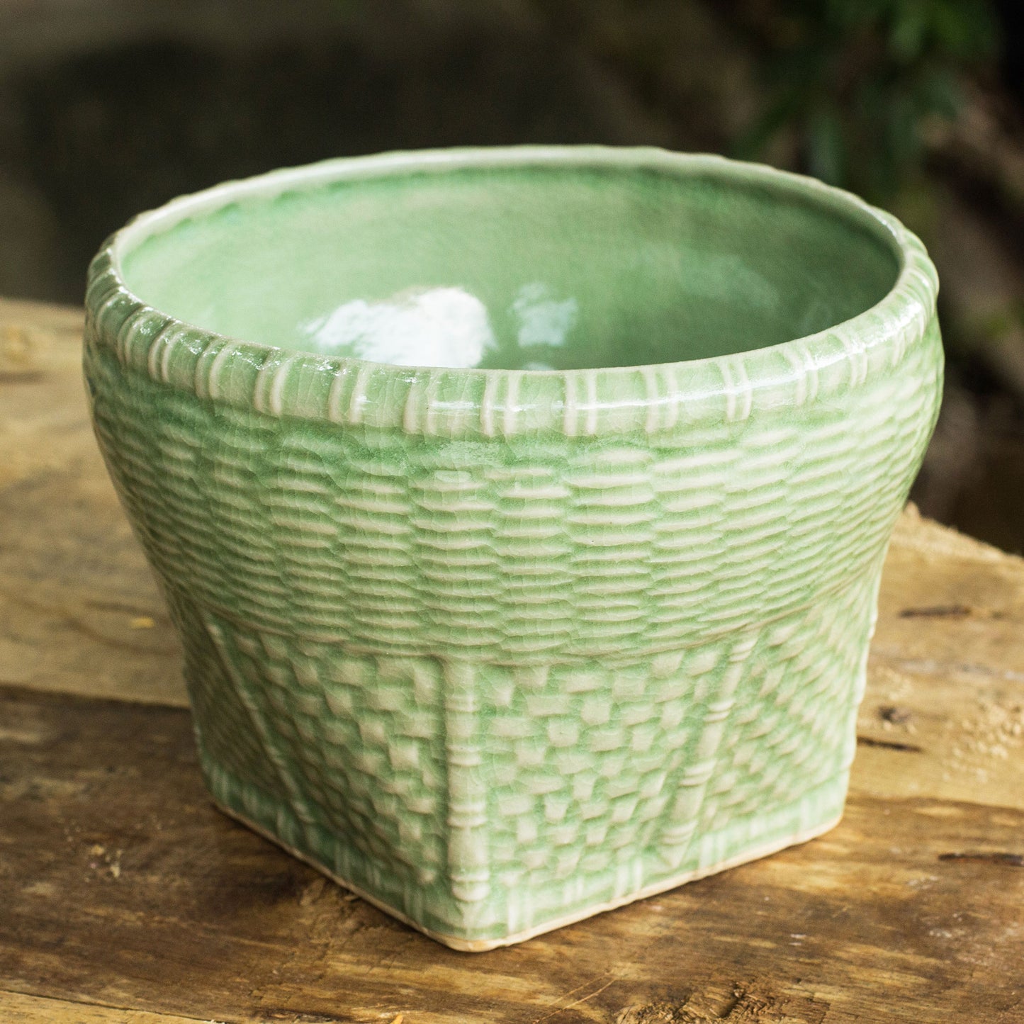 Basket Woven Look Ceramic Vase in Green Celadon Glaze (Large)