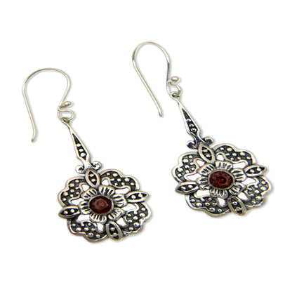 Red Rafflesia Fair Trade Garnet Dangle Earrings with Floral Motif